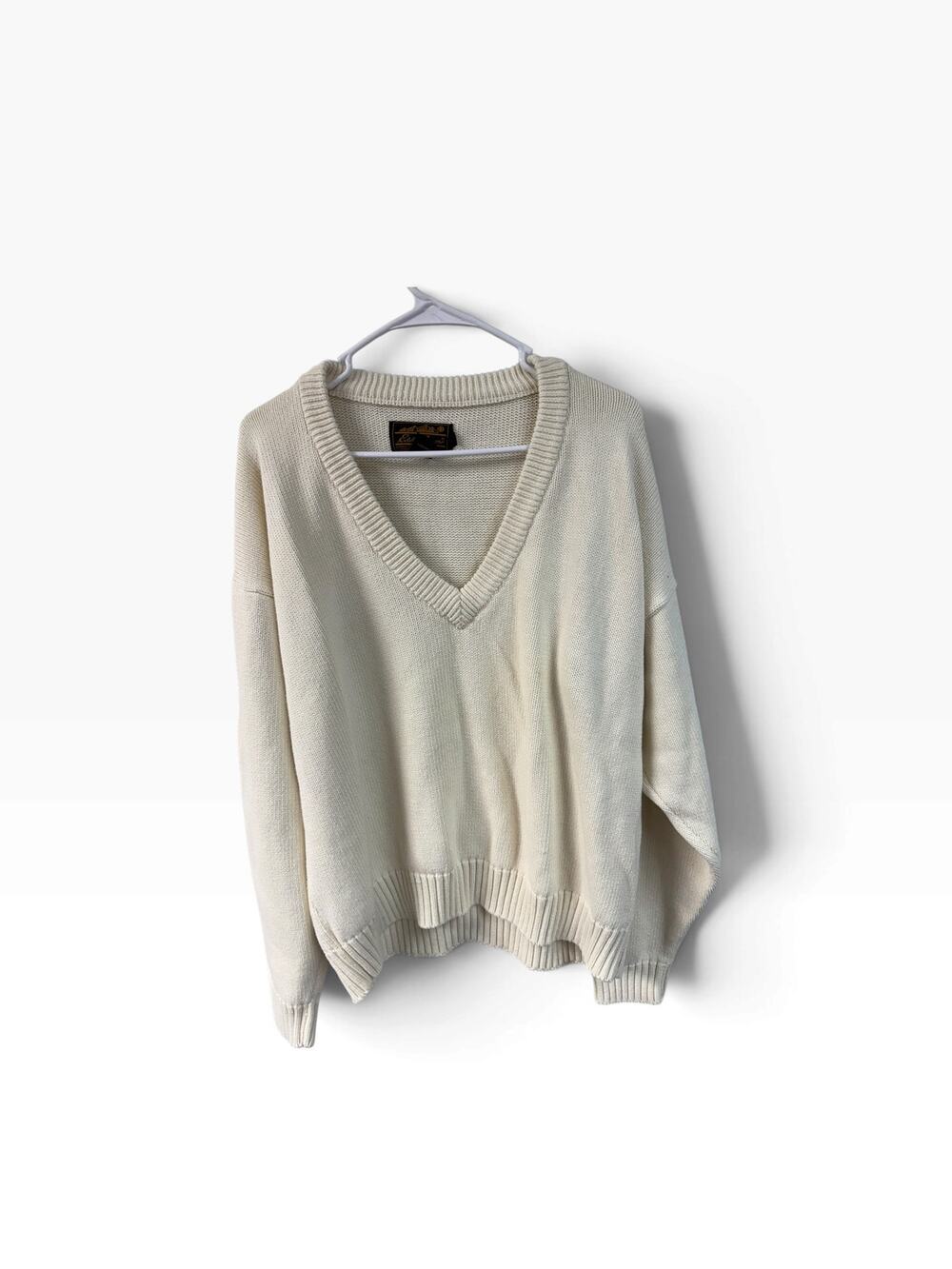 Vintage Eddie Bauer Cream 100% Cotton V-Neck Oversized Grandpa Sweater
